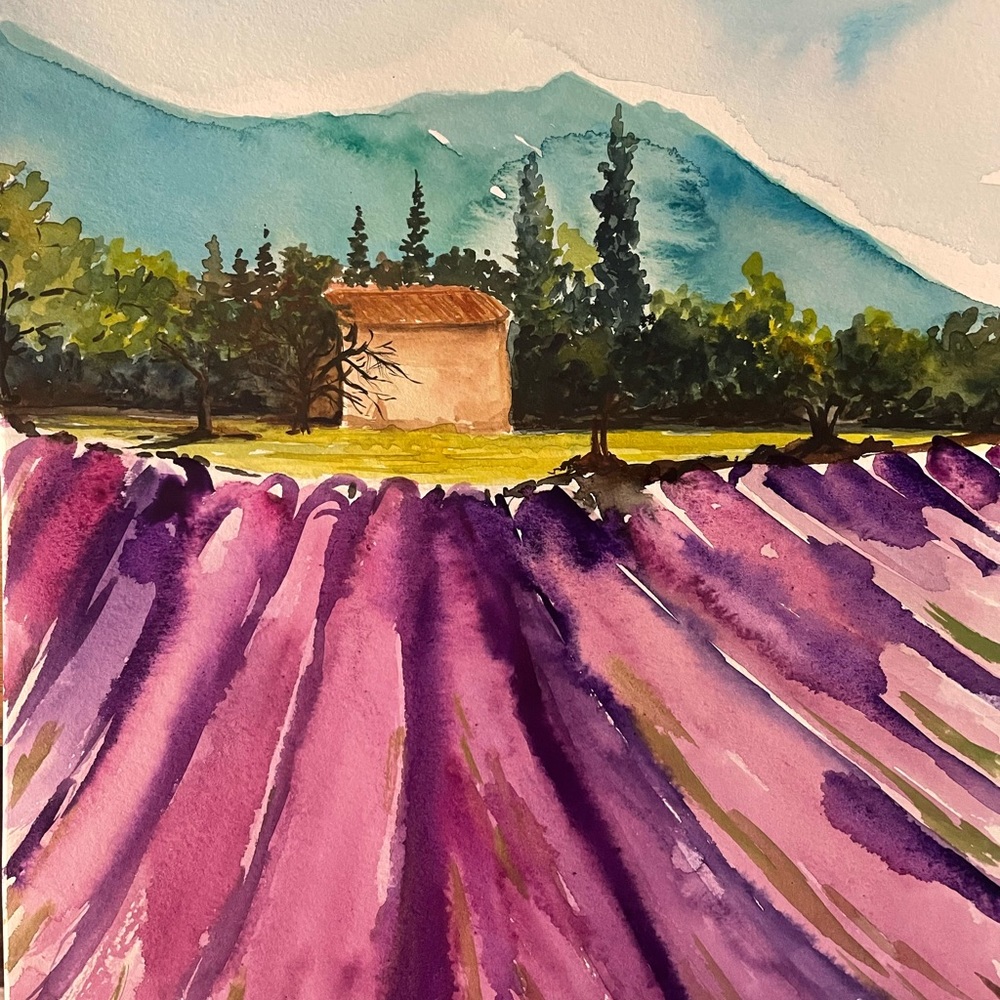 Lavender fields original watercolor painting